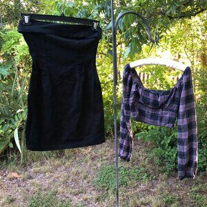 Wild Fable Black Strapless Dress & Long sleeve Plaid Crop Top, Size XS